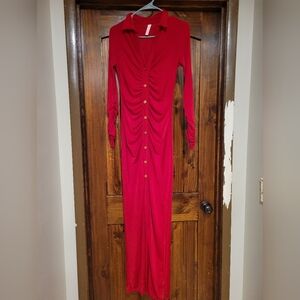Elegant Crimson Red Button-Down Maxi Bodycon Dress Size Small